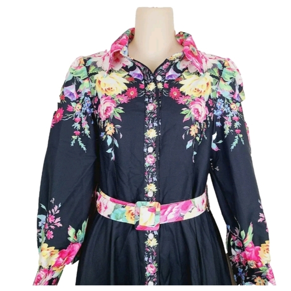 Nwt Dalia MacPhee Dress Large Black Pink Floral Button-Front Long Sleeve Mi… - Picture 7 of 13